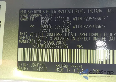 2025 Toyota Sienna Le z USA, uszkodzony, nr VIN 5TDKRKEC6SS244135